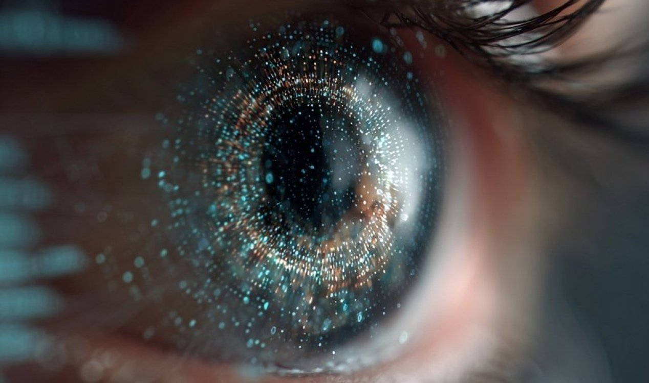A human eye overlaid with a digital artificial-intelligence pattern