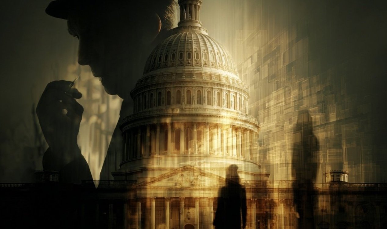 A shadowed figure superimposed over the United States Capitol