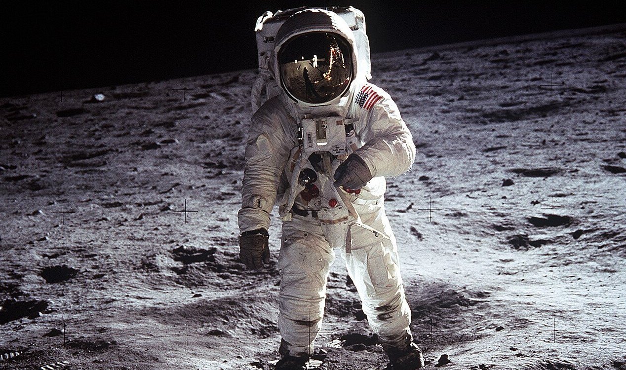 Astronaut Buzz Aldrin standing on the lunar surface during Apollo 11