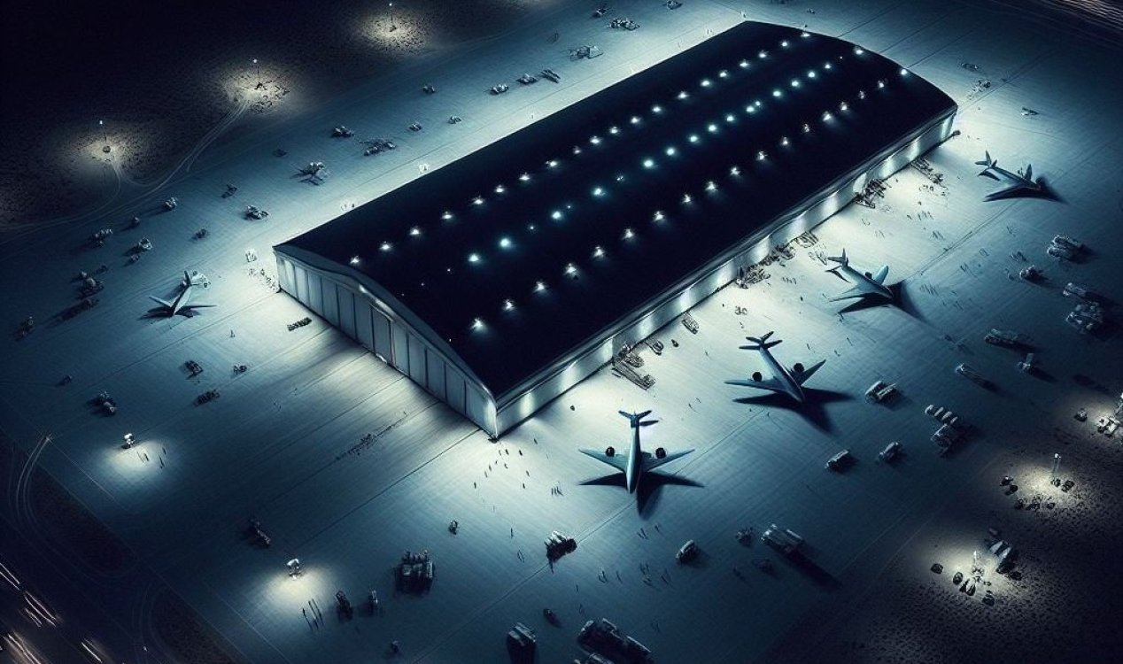 Concept image of a secret aircraft hangar in a desert