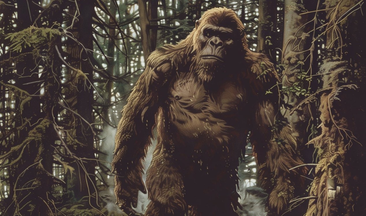Illustration of a tall hairy figure in a forest clearing