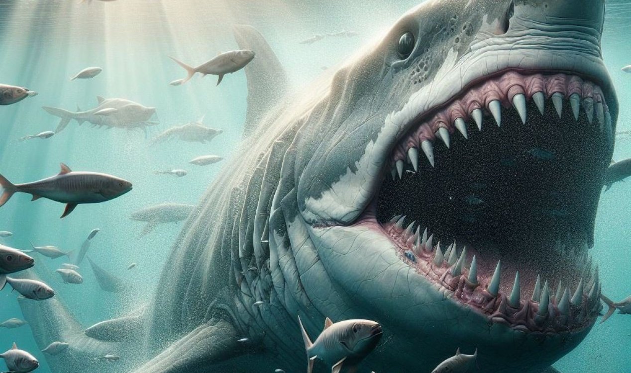An enormous prehistoric shark swimming underwater