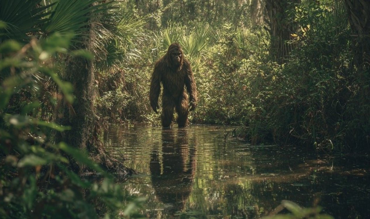 Concept image of a small hairy hominid in dense woodland