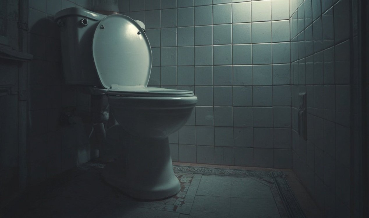 A toilet in a dark tiled bathroom